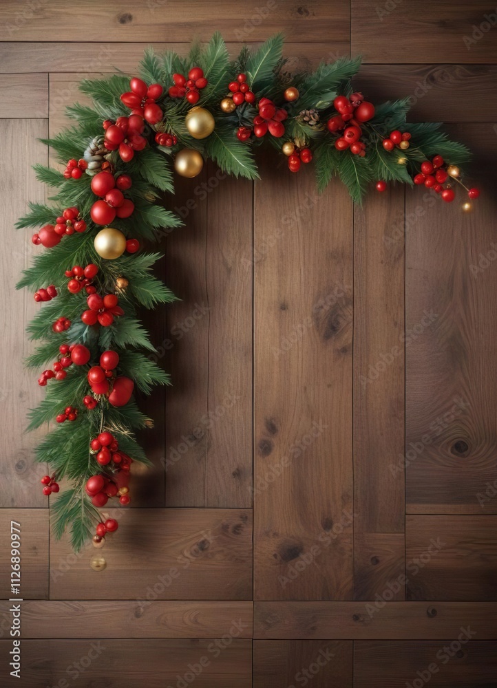 Close-up of Christmas garland on wooden background, cozy, holiday Close-up of Christmas garland on wooden background, cozy, holiday