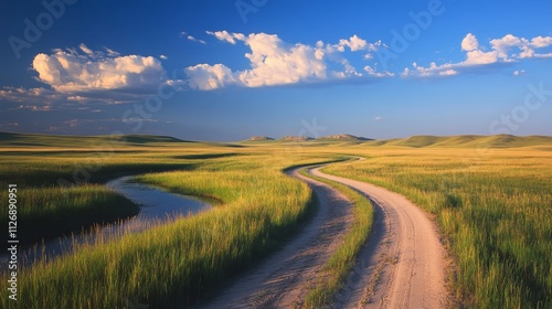 A winding dirt road through lush green fields under a blue sky with scattered clouds.