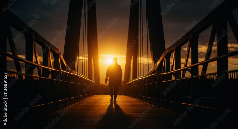 Silhouette of person standing on bridge at sunset