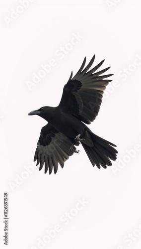 Isolated black raven on white background with a tilted flight pose photo