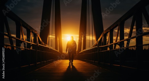 Silhouette of person standing on bridge at sunset