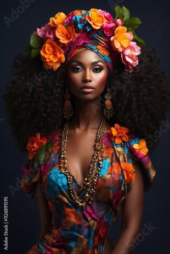 Beautiful Dark-Skinned Woman in a Turban with Flowers on Her Head