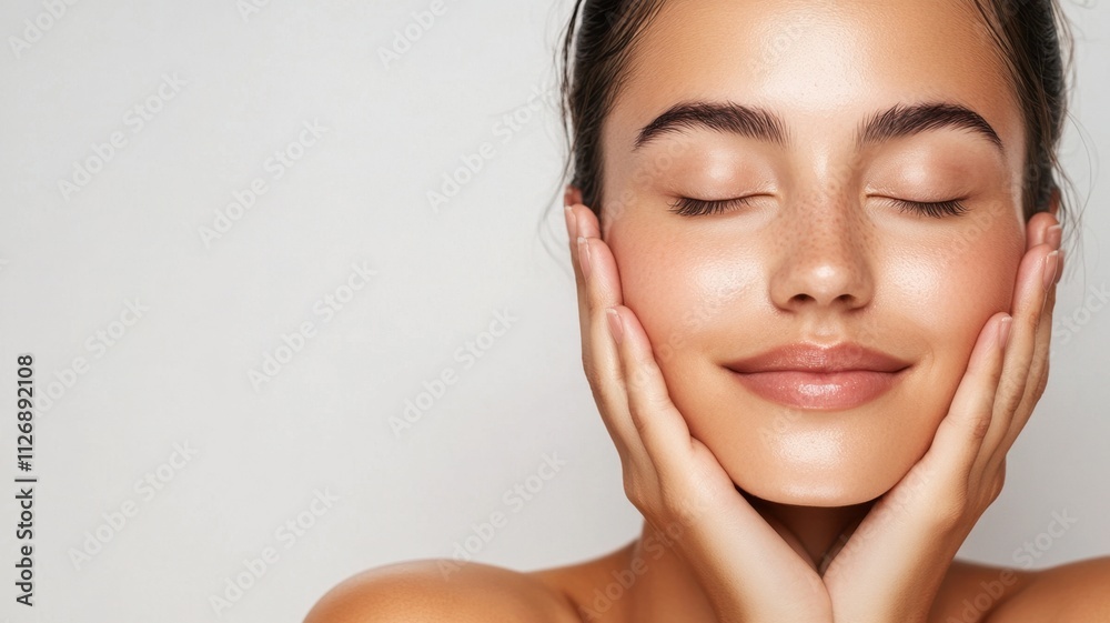 Beautiful woman with clean skincare with her eyes closed, gently caressing her glowing and healthy skin Beautiful woman with clean skincare with her eyes closed, gently caressing her glowing and healthy skin