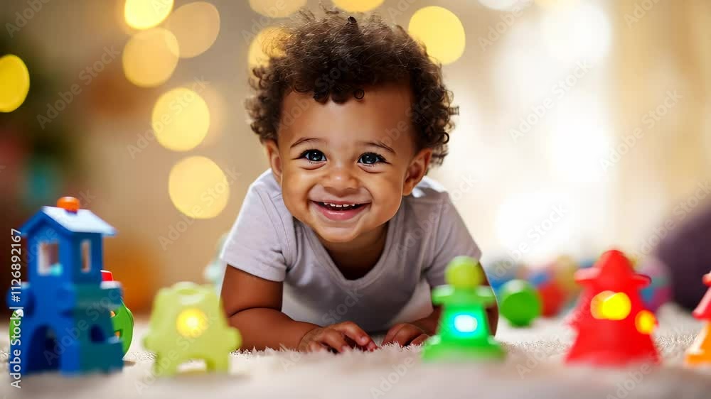 Adorable Baby Smiling and Playing with Toys on a Cozy Indoor Blurred Lights Bokeh Setting Adorable Baby Smiling and Playing with Toys on a Cozy Indoor Blurred Lights Bokeh Setting