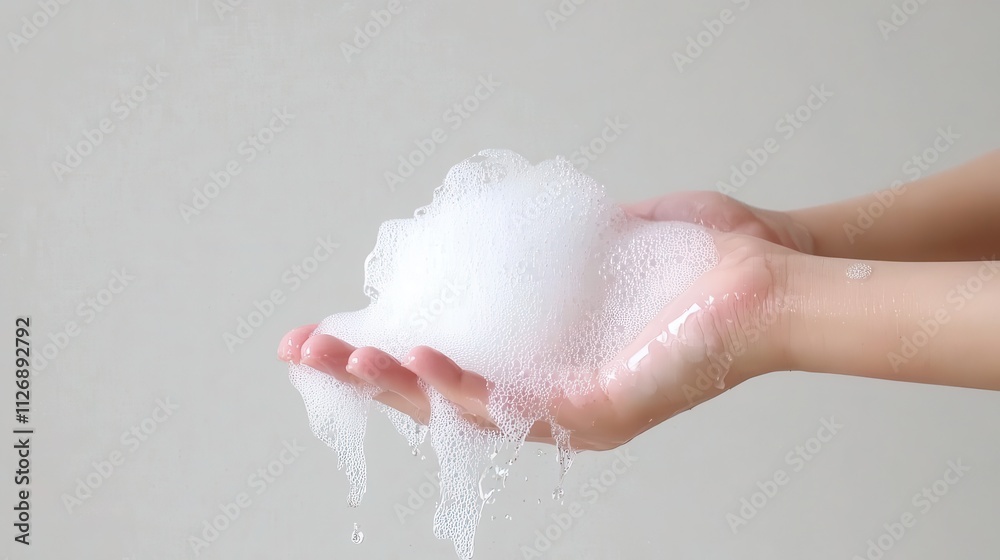 Fototapeta premium Soapy foam creation in hands indoor setting visual content clean environment close-up perspective