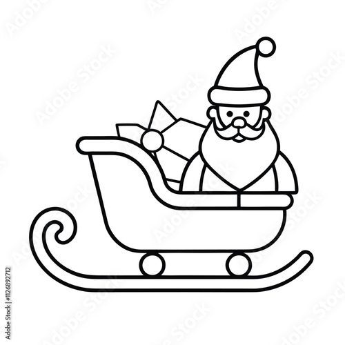 santa claus sleigh with christmas gift box line art icon sign silhouette vector illustration on white background