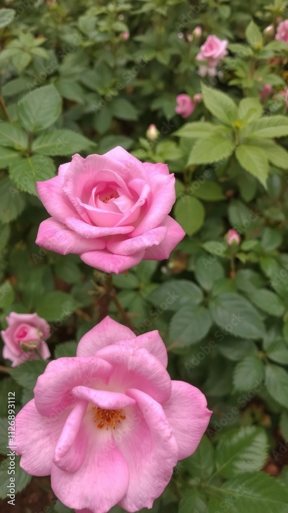 Pink rose with raindrops in a lush garden setting, wet, floral Pink rose with raindrops in a lush garden setting, wet, floral