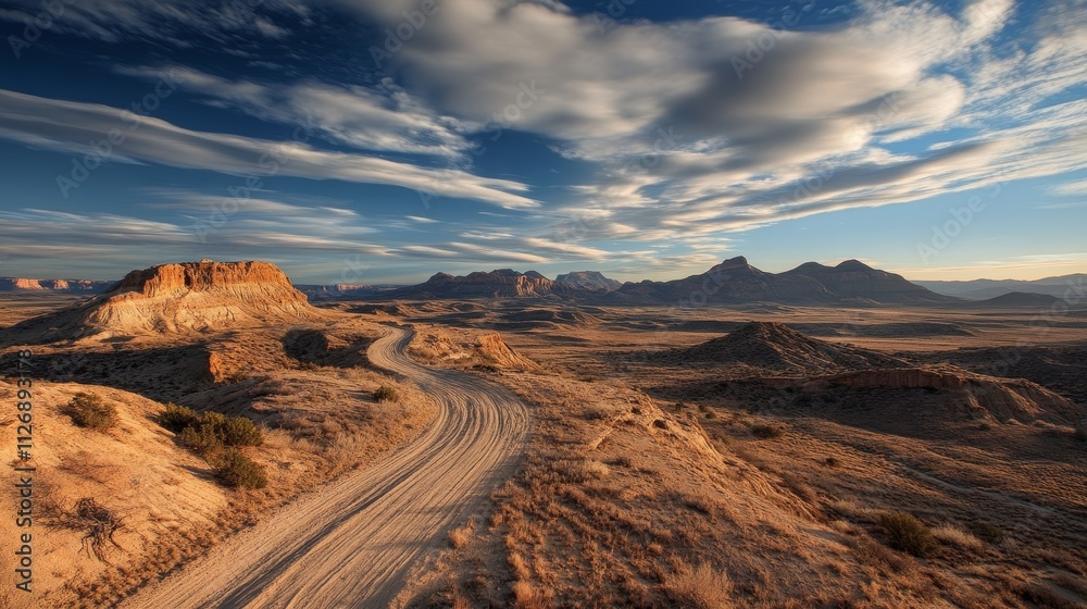 A scenic desert landscape with a winding dirt road and dramatic cloud formations. A scenic desert landscape with a winding dirt road and dramatic cloud formations.