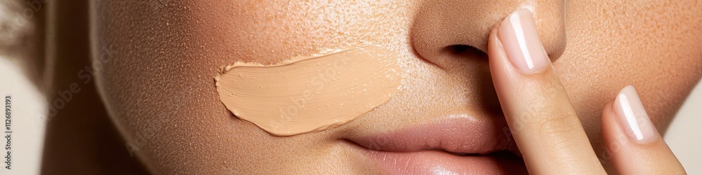 Fototapeta premium Applying foundation makeup for flawless skin studio beauty tutorial indoor close-up self-care