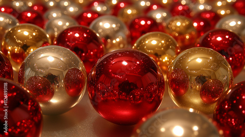 Festive Pile of Red and Gold Christmas Ornaments with Reflections photo