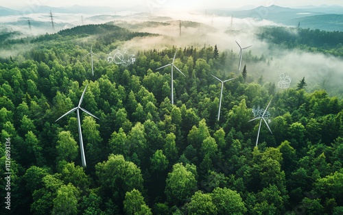 A dynamic aerial shot of a forest with floating renewable energy icons and logistics symbols, representing technologydriven sustainability and circular economy practices photo