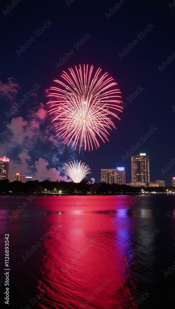 Fireworks lighting up Orlando skyline over lake at night during a celebration event Fireworks lighting up Orlando skyline over lake at night during a celebration event