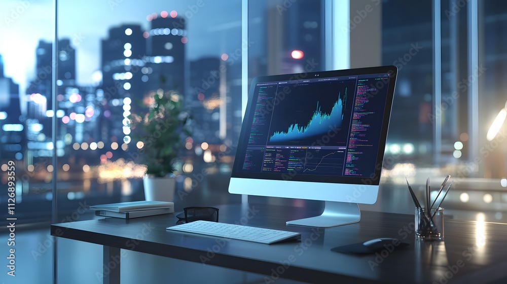 Fototapeta premium Modern Office Night Cityscape Stock Trading Computer