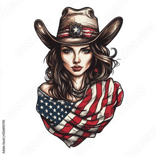 A beautiful cowgirl wrapped in an American flag, rendered in a sticker-style tattoo design with bold lines and intricate details