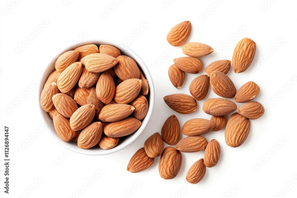 Whole almonds in a bowl with scattered nuts on a clean surface showcasing their texture and color Whole almonds in a bowl with scattered nuts on a clean surface showcasing their texture and color