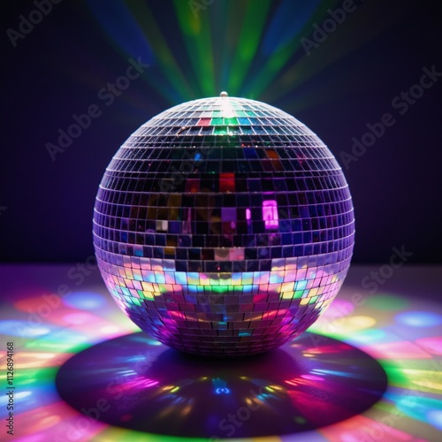 A vibrant disco scene illuminated by rotating mirrored spheres and colorful stage lighting photo