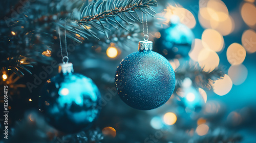 Blue Christmas Ornament with Festive Bokeh Lights 