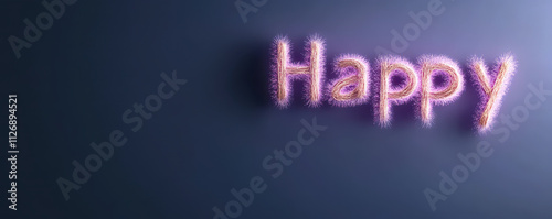 Happy text glowing with vibrant colors on dark background, evoking joy