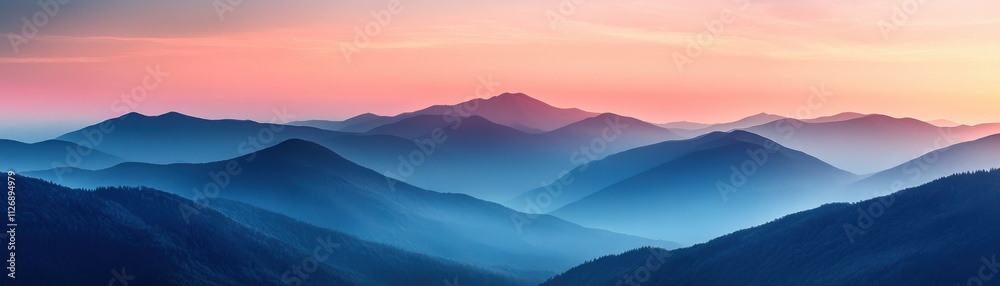 A serene landscape of layered blue mountains under a pastel-colored sky at dusk, showcasing the beauty of nature's tranquility. A serene landscape of layered blue mountains under a pastel-colored sky at dusk, showcasing the beauty of nature's tranquility.