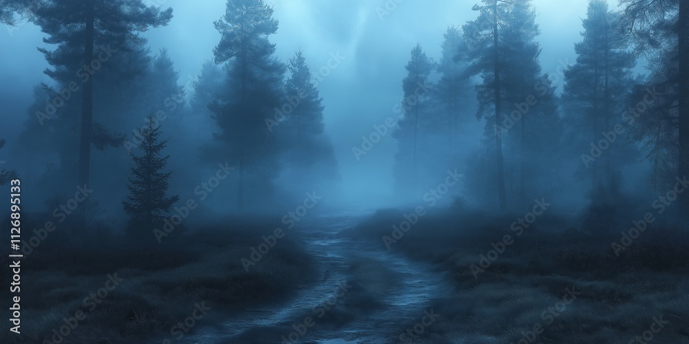Foggy forest path at dawn in moody blue tones Foggy forest path at dawn in moody blue tones