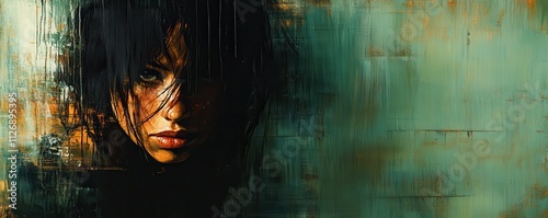 A moody portrait of a woman with dark hair, partially obscured by shadows, conveying a sense of mystery and emotion against an abstract background.