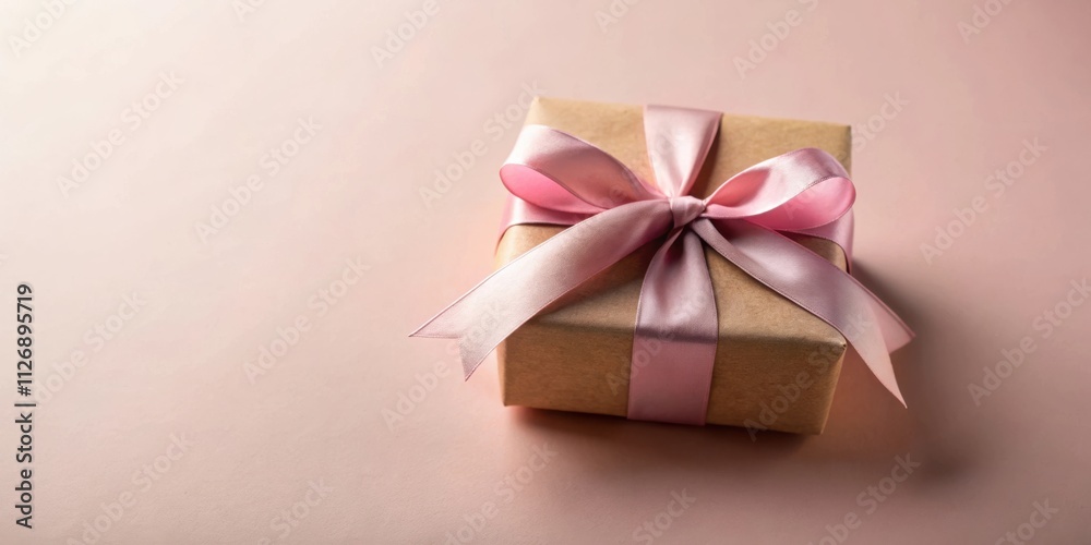 A delicate pink ribbon tied into a bow adorns a simple brown gift box, resting on a soft blush-colored background. A delicate pink ribbon tied into a bow adorns a simple brown gift box, resting on a soft blush-colored background.
