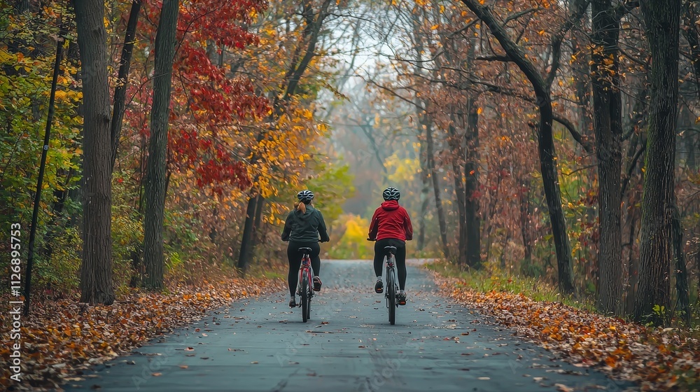Two people cycling on a forest trail during autumn. Two people cycling on a forest trail during autumn.