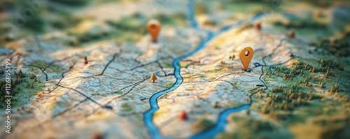 A close-up view of a detailed map featuring various markers and a winding river, highlighting geographic features and locations.
