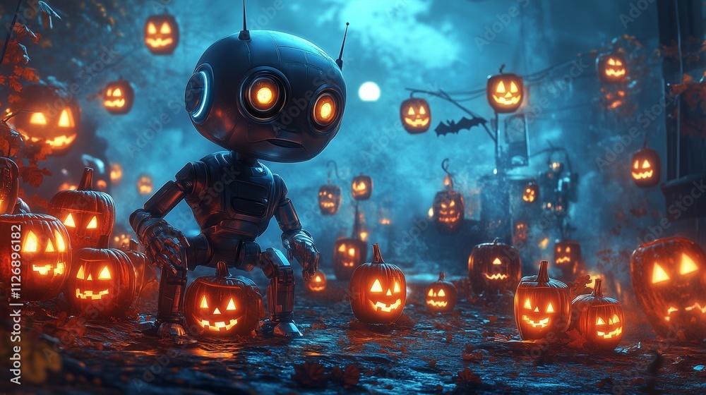 Futuristic Robot Surrounded by Halloween Lanterns in Twilight