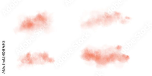Set of realistic red clouds. Fog and smoke isolated on transparent background. Cloud, nature sky. Weather element or drawing. Cloud texture, smoke wave, fog nature. Fluffy smoke. PNG.