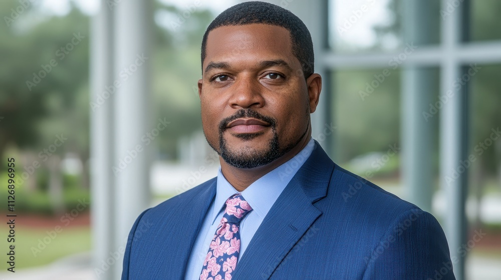 A man in a blue suit and pink tie is standing in front of a window. He looks serious and focused A man in a blue suit and pink tie is standing in front of a window. He looks serious and focused