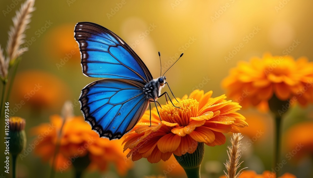 Obraz premium Close-Up of Deep Blue Butterfly on Bright Orange Marigold Flower.