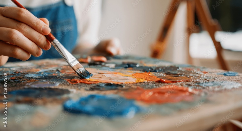 Fototapeta premium Close-up of artist palette with colorful oil paints brush in hand