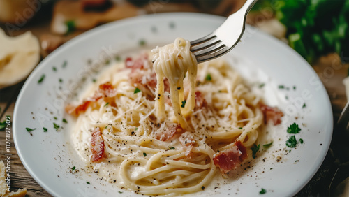 A fork scooping up a swirl of creamy spaghetti carbonara from a white plate. photo