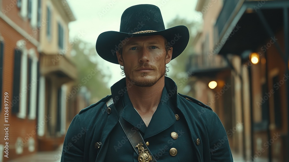 A man in a cowboy hat and a black jacket stands in front of a brick building. He is wearing a gold belt and a gold hat