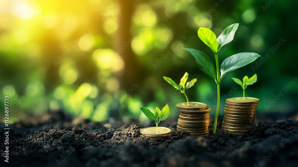 Sustainable Growth Concept with Stacked Coins and Sprouting Plants Sustainable Growth Concept with Stacked Coins and Sprouting Plants