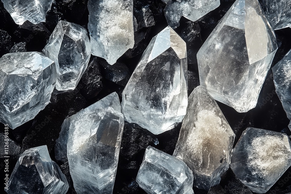 Top view of black background with ice crystals and crystal-clear rocks, close-up shot, high detail, sharp focus. Top view of black background with ice crystals and crystal-clear rocks, close-up shot, high detail, sharp focus.