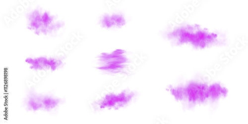 Set of realistic purple clouds. Fog and smoke isolated on transparent background. Cloud, nature sky. Weather element or drawing. Cloud texture, smoke wave, fog nature. Fluffy smoke. PNG.