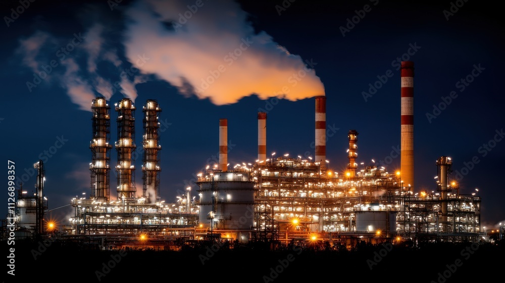 Illuminated oil refinery at night industrial landscape city skyline urban environment aerial view industrial growth concept Illuminated oil refinery at night industrial landscape city skyline urban environment aerial view industrial growth concept