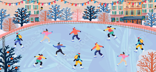Ice skates. Ice skating on the ice rink. Vector illustration of winter sport, people skating in the city park on vacation on weekend, trees, nature for poster, background or banner