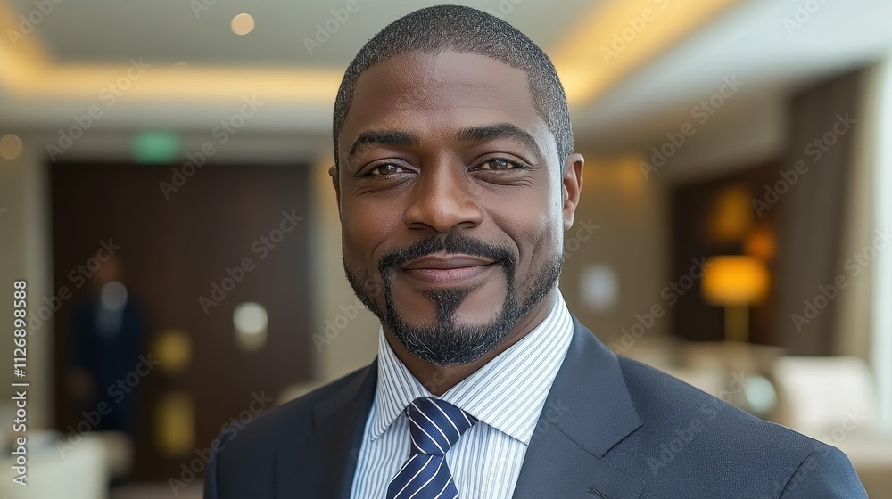 A man in a suit and tie is smiling and looking at the camera. He is confident and happy A man in a suit and tie is smiling and looking at the camera. He is confident and happy