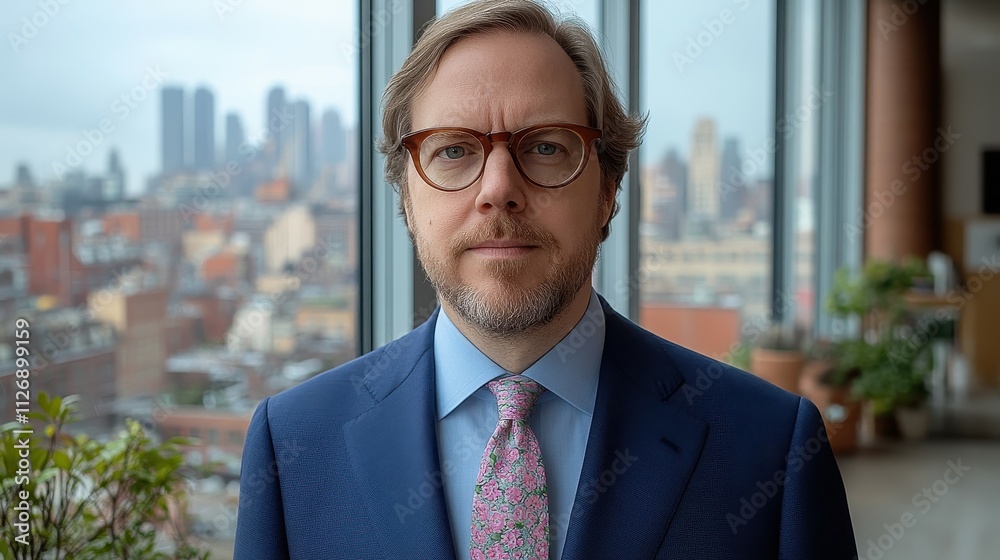 A man in a suit and tie stands in front of a window with a city view. He is wearing glasses and a tie with a pink flower pattern A man in a suit and tie stands in front of a window with a city view. He is wearing glasses and a tie with a pink flower pattern