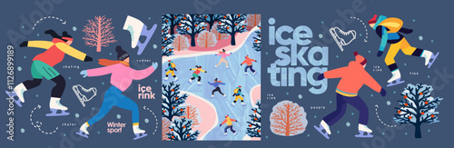 Ice skates. Ice skating on the ice rink. Vector illustration of winter sport, people skating in the park on vacation on weekend, trees, nature for poster, background or flyer