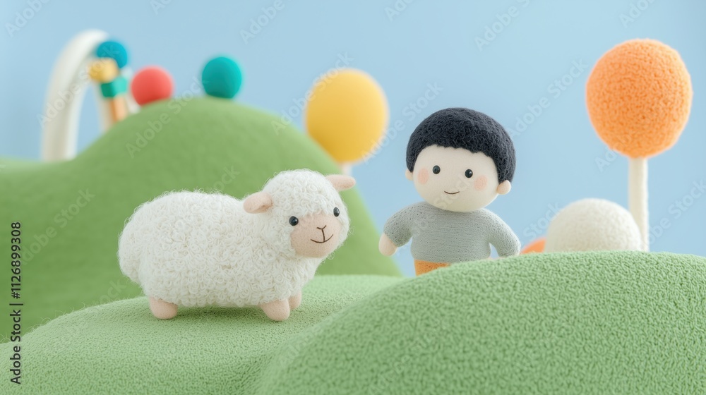 Cute smiling boy and a sheep enjoying a day at a felt amusement park Cute smiling boy and a sheep enjoying a day at a felt amusement park