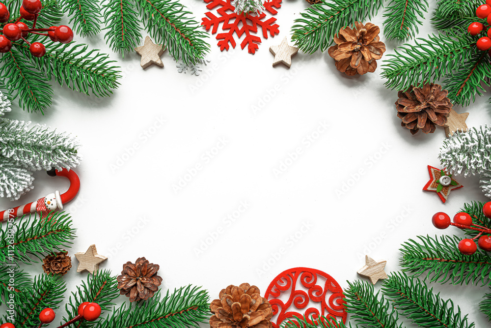 Christmas background. Christmas eve concept. Top view of gift boxes, fir branches, toys, on white background.
