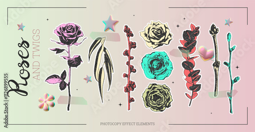 Collection of colorful roses flowers and leaves twigs retro photocopy effect elements on gradient, vector herbarium
