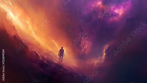 Solitary figure walking on a vibrant cosmic landscape.