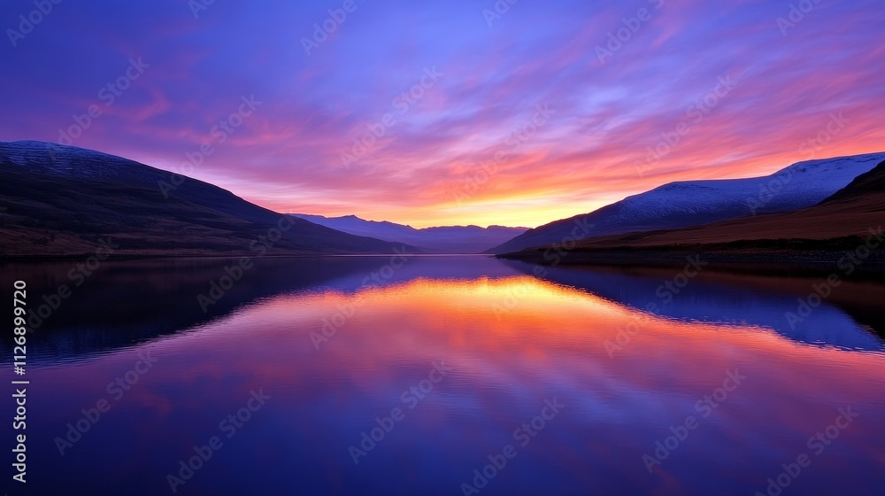 Obraz premium A serene sunset over a calm lake, reflecting vibrant colors against mountainous terrain.