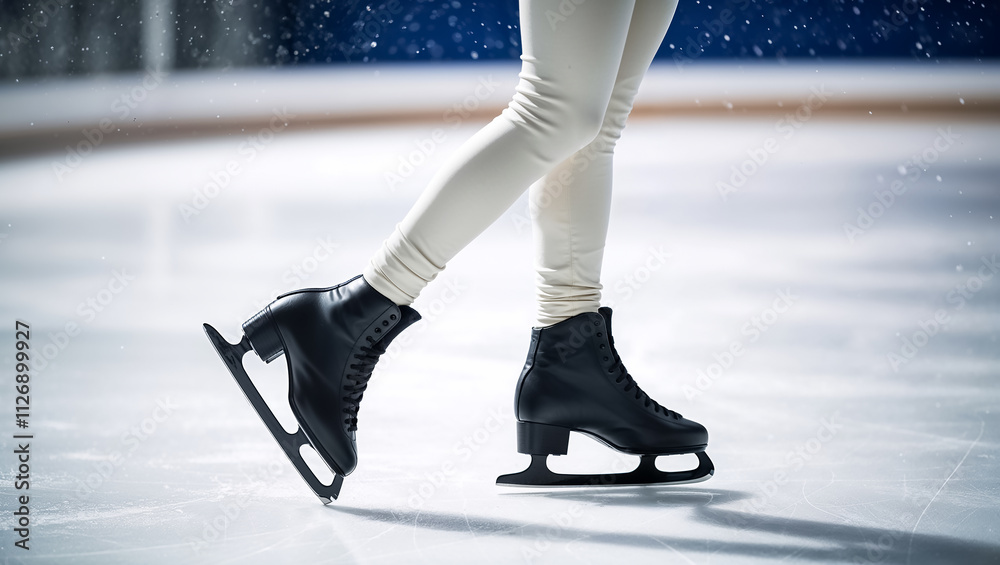 women's legs in beautiful black skates on the skating rink women's legs in beautiful black skates on the skating rink