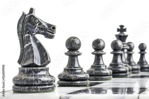 High-quality traditional chess set with Staunton pieces and marble surface isolated on transparent background